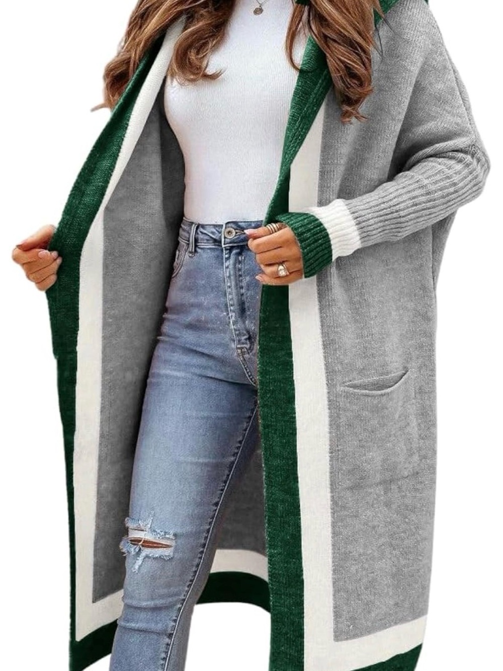 Source Unknown Gray Open-Front Cardigan with White and Dark Green Trim